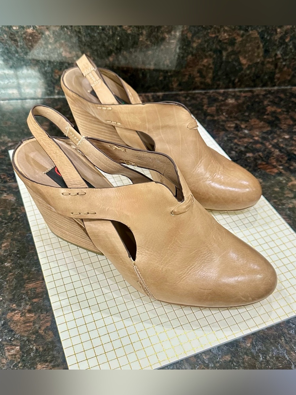 Tan Leather Slingback Wedge Pumps